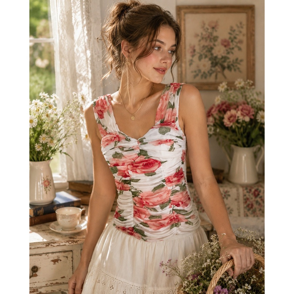 Venus Floral Mesh Ruched Tank Top Pink White Rose‎ Print Sleeveless Blouse XS/Sm